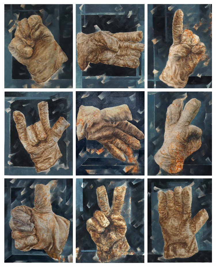牛杰+《手套-劳动的力量》+180×150cm+纸本水彩+2023+作品取材于劳动人民的手套，通过不同手势，展现社会主义正能量。15196018575.jpg